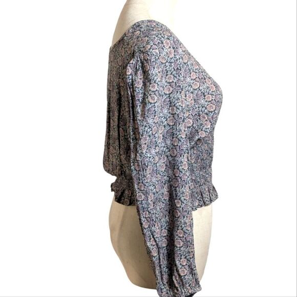 American Eagle Floral Cinched Waist Long Sleeve Cropped Boho Top - Picture 2 of 5